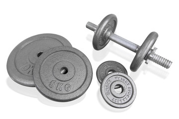 Obraz na płótnie Canvas Fitness exercise equipment silver dumbbell and weights plate iso