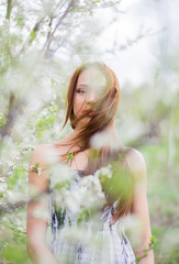 Red-haired pretty lady in spring orchard