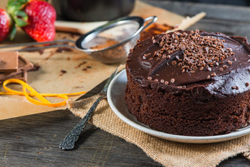 serving homemade chocolate cake