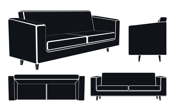 Modern Sofa Couch, Different Views, Vector Illustration.