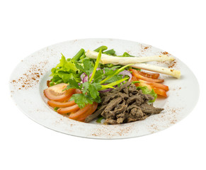 Salad with fresh vegetables, meat and rice bread