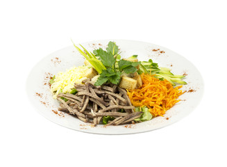 Salad with meat, carrots and croutons