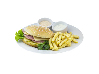 The great cheeseburger with potato and sauce