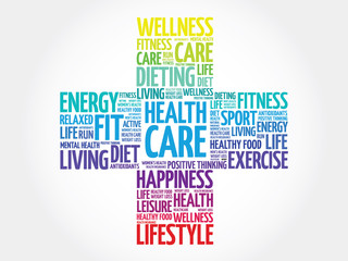 Health care word cloud, health cross concept