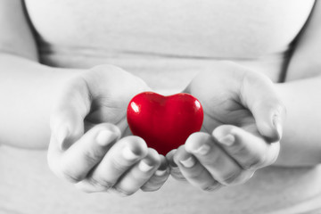 Heart in woman hands. Love giving, care, health, protection.