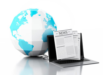 3d Laptop with news and earth globe. Media concept