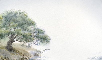 Background with watercolors of the tree above the water