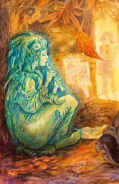 emerald green fairy playing flute on a street on late autumn 