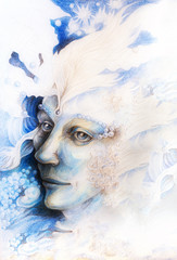 Blue fairy man face portrait with gentle abstract structures 