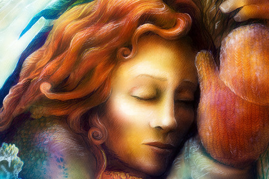A head of a dreaming fairy woman with red hair and winter glowes