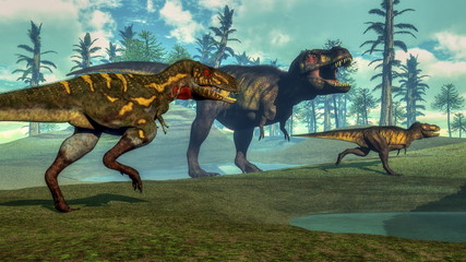 Fototapeta premium Nanotyrannus hunting small tyrannosaurus - 3D render