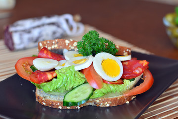 Fresh and healthy sandwich with salami and vegetables on a plate
