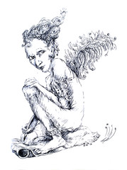 Little fairy writer with a feather, fantasy detailed ornamental