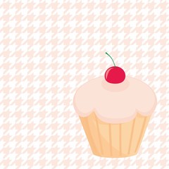Cherry vector cupcake on white and pink houndstooth background