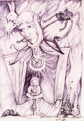 Surrealistic drawing of a little girl in dreamy landscapes