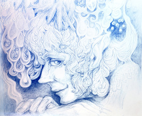 Ornamental detailed drawing of elven man head listening 