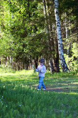 Cute little girl in jeans walking in woods and picking flowers