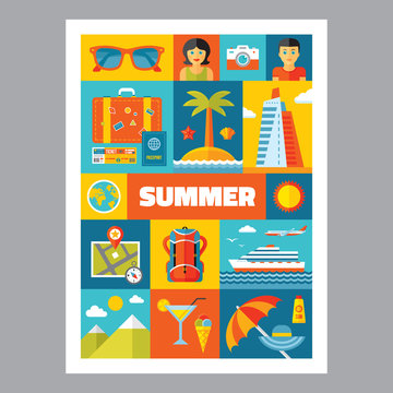 Summer holiday - mosaic poster with icons in flat design style.
