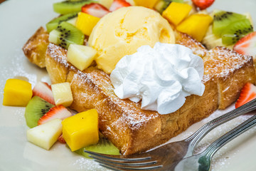 Honey toast with mix fruit.