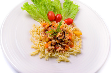 Pasta with meat, tomato sauce and vegetables