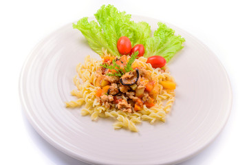Pasta with meat, tomato sauce and vegetables