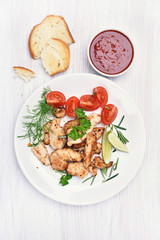 Chicken fillet with vegetable salad, top view
