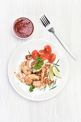 Chicken fillet with vegetable salad, top view