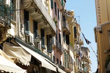 Fototapeta na wymiar Balconies in Italian style in Corfu. Greece