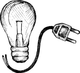 Light bulb and plug, doodle style, sketch illustration