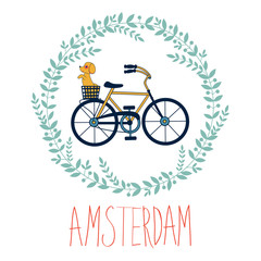 Fototapeta na wymiar Cute Amsterdam card with dog in bycicle basket in floral wreath