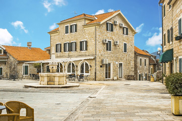 Fototapeta na wymiar Belavista Square with the medieval fountai, Herceg Novi, Montene