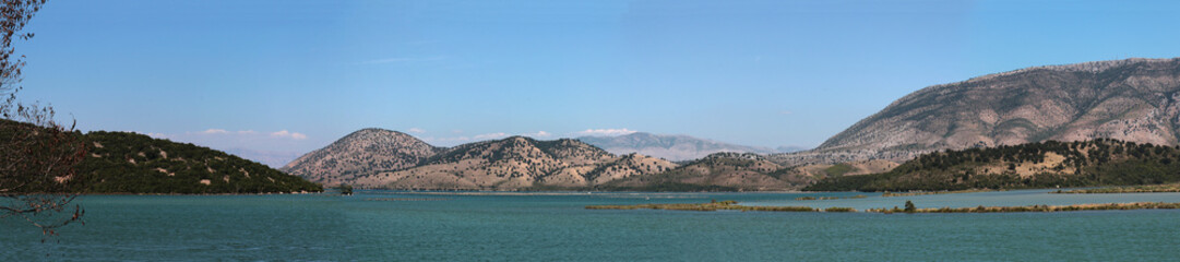 Fototapeta na wymiar Mountains near lake in Albania. Panorama.