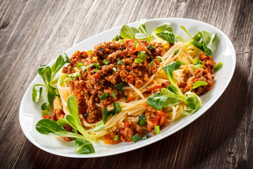 Pasta with meat, tomato sauce and vegetables