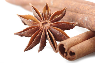 cinnamon stick and star anise spice on the white