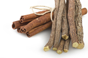 Cinnamon stick and Liqorice on the white