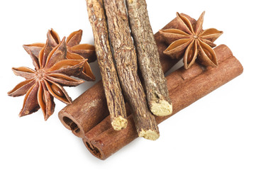 Cinnamon stick Licorice and Star Anise on the white