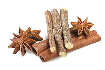 Cinnamon stick Licorice and Star Anise on the white