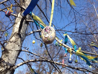 пасхальные яйца висят на ветках дерева