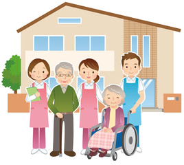 高齢者と介護士　老人ホーム