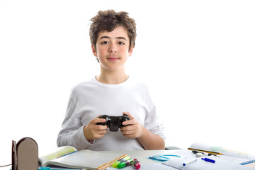 Caucasian smooth-skinned boy playing with console controller and