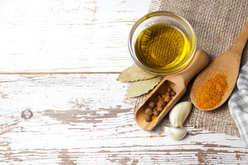 Spices on wooden background