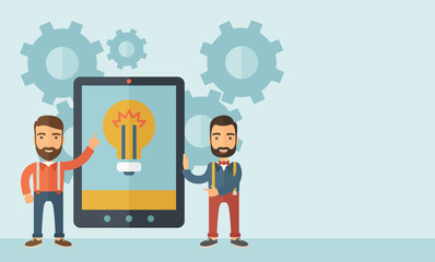 Two men holding a big screen tablet.