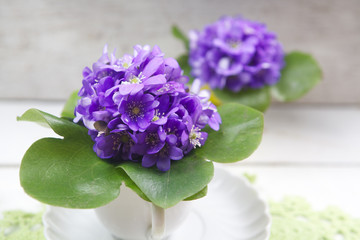 Obraz na płótnie Canvas Violets flowers on wooden table