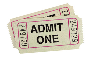 Gray old admit one movie or theater concert admission tickets isolated on white background photo
