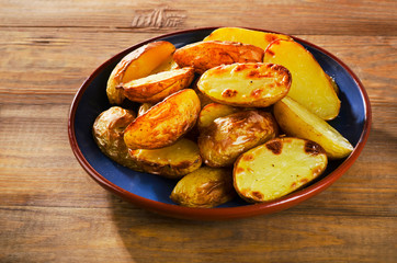 Fried potato on a wooden table