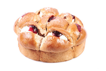 Raspberry jam and cream pastry on a white background