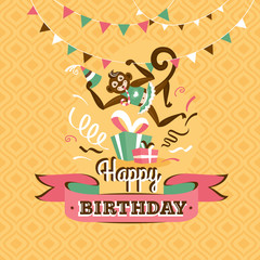 Vintage birthday greeting card with a monkey vector illustration