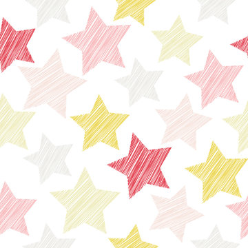 Sketch seamless pattern with stars. Red, pink stars on white