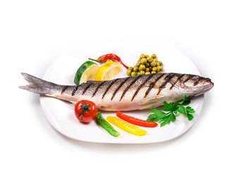 Grilled seabass on plate.