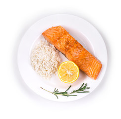 Roasted salmon fillets with rice.
